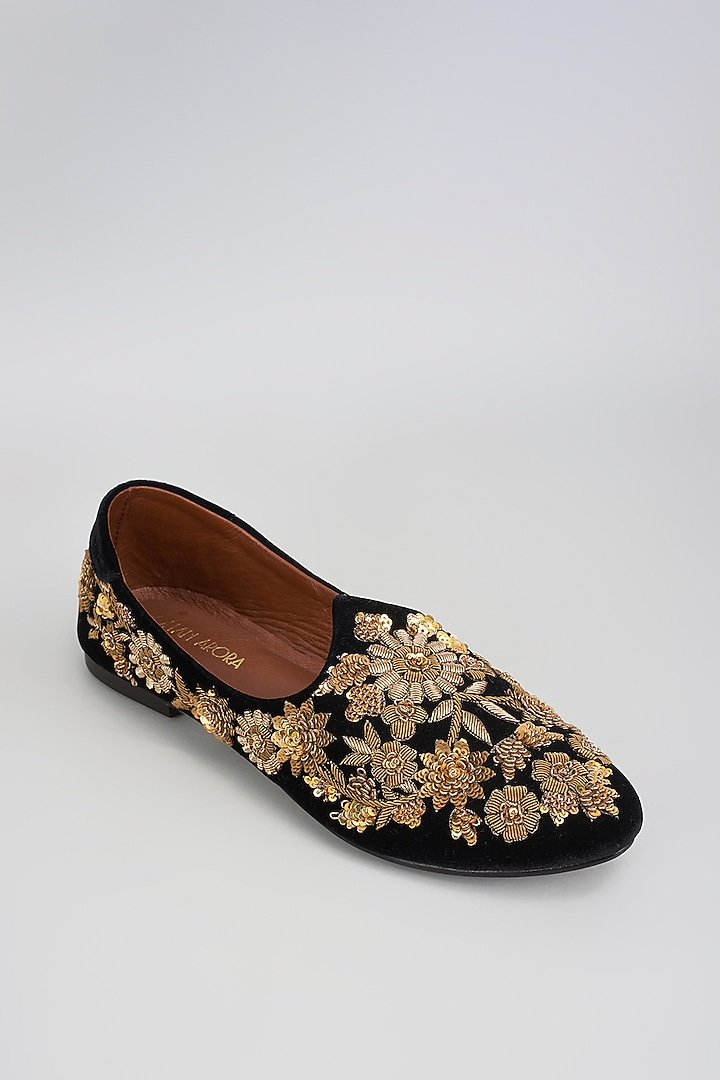 Black Velvet Zardosi & Sequins Embroidered Mojris by ROHAN ARORA at Pernia's Pop Up Shop