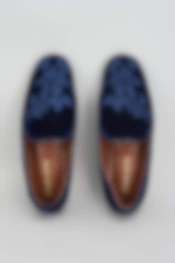 Deep Blue Velvet Embroidered Shoes by ROHAN ARORA