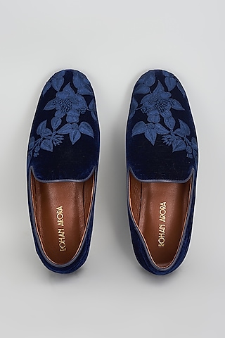 Deep Blue Velvet Embroidered Shoes by ROHAN ARORA
