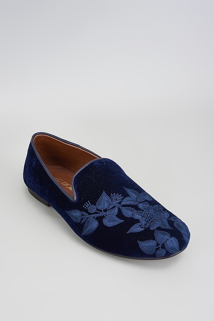 Deep Blue Velvet Embroidered Shoes by ROHAN ARORA at Pernia's Pop Up Shop