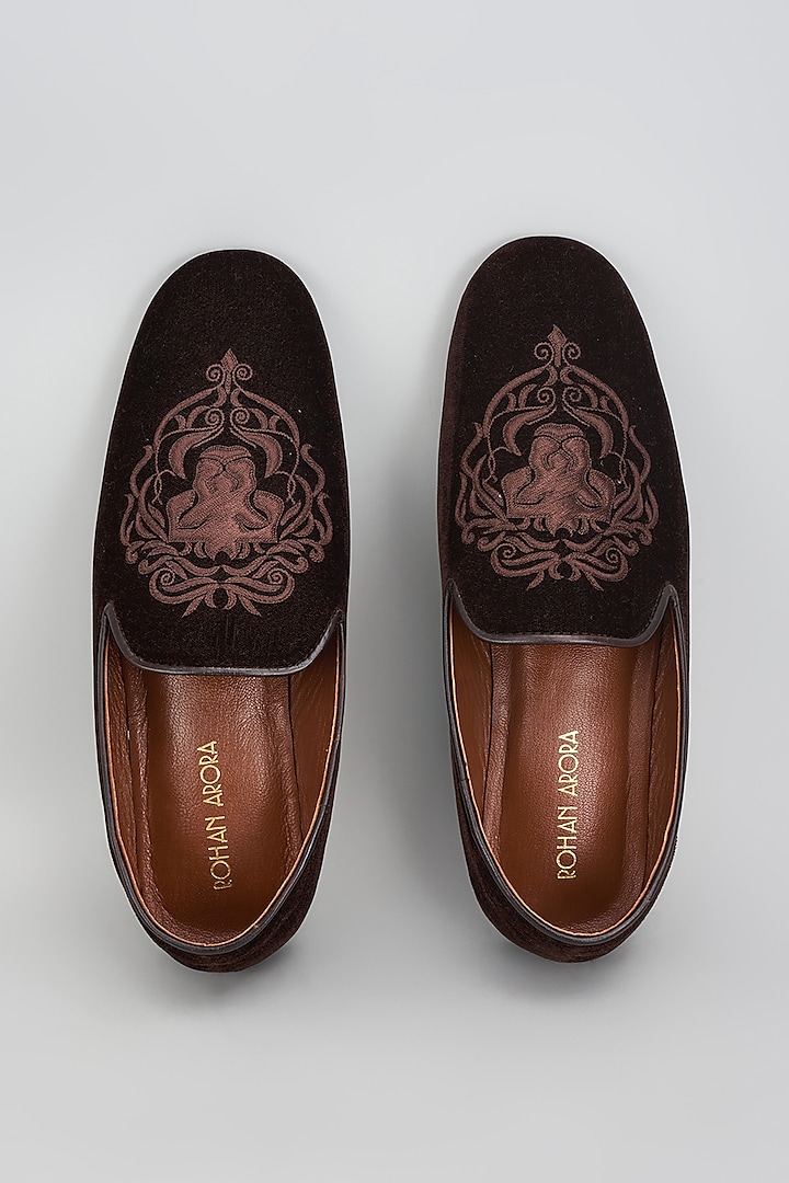 Deep Brown Velvet Embroidered Shoes by ROHAN ARORA