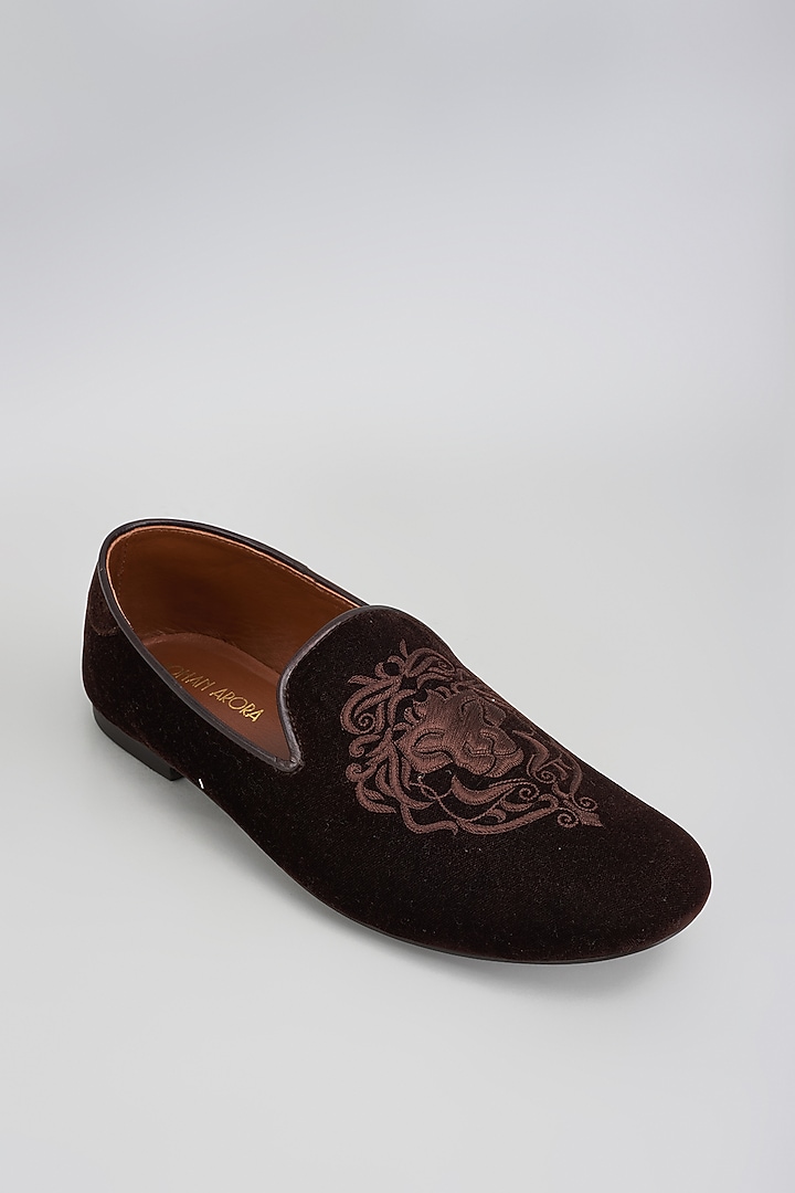 Deep Brown Velvet Embroidered Shoes by ROHAN ARORA at Pernia's Pop Up Shop