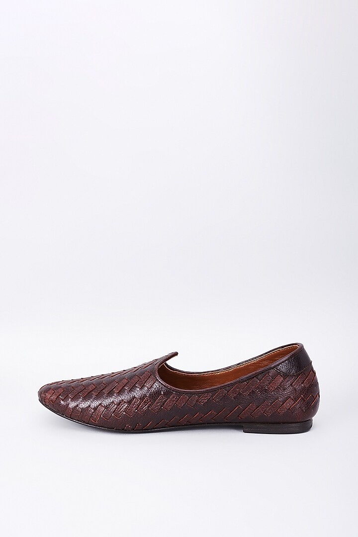 Dark Brown Leather Embellished Mojris by ROHAN ARORA at Pernia's Pop Up Shop