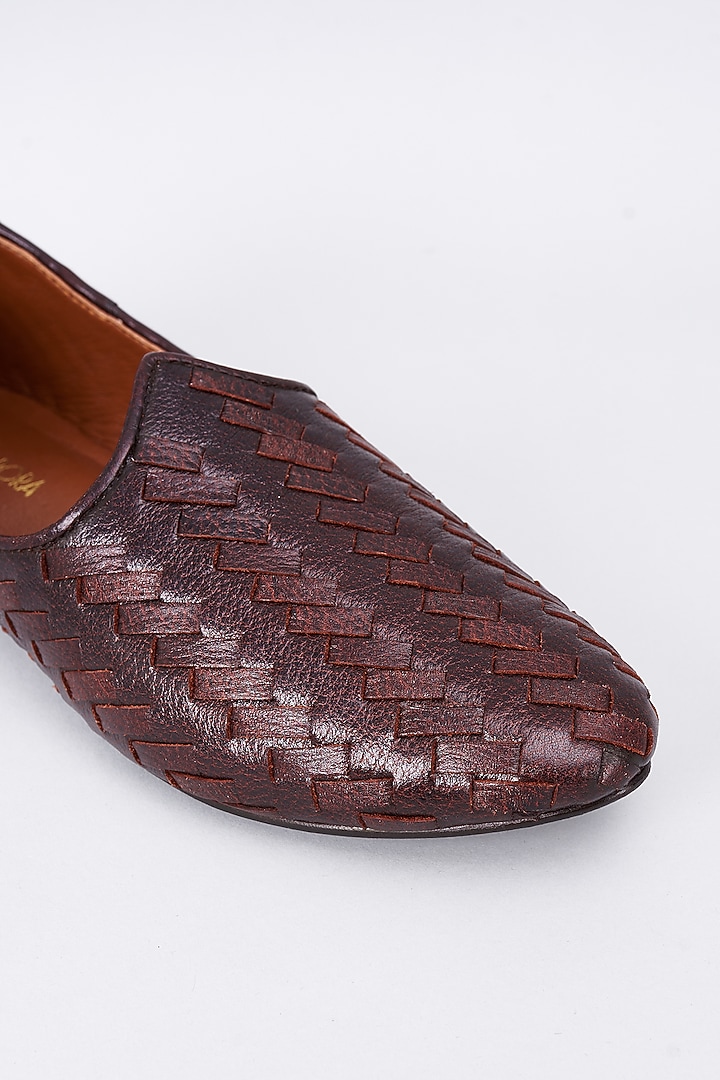 Dark Brown Leather Embellished Mojris by ROHAN ARORA at Pernia's Pop Up Shop