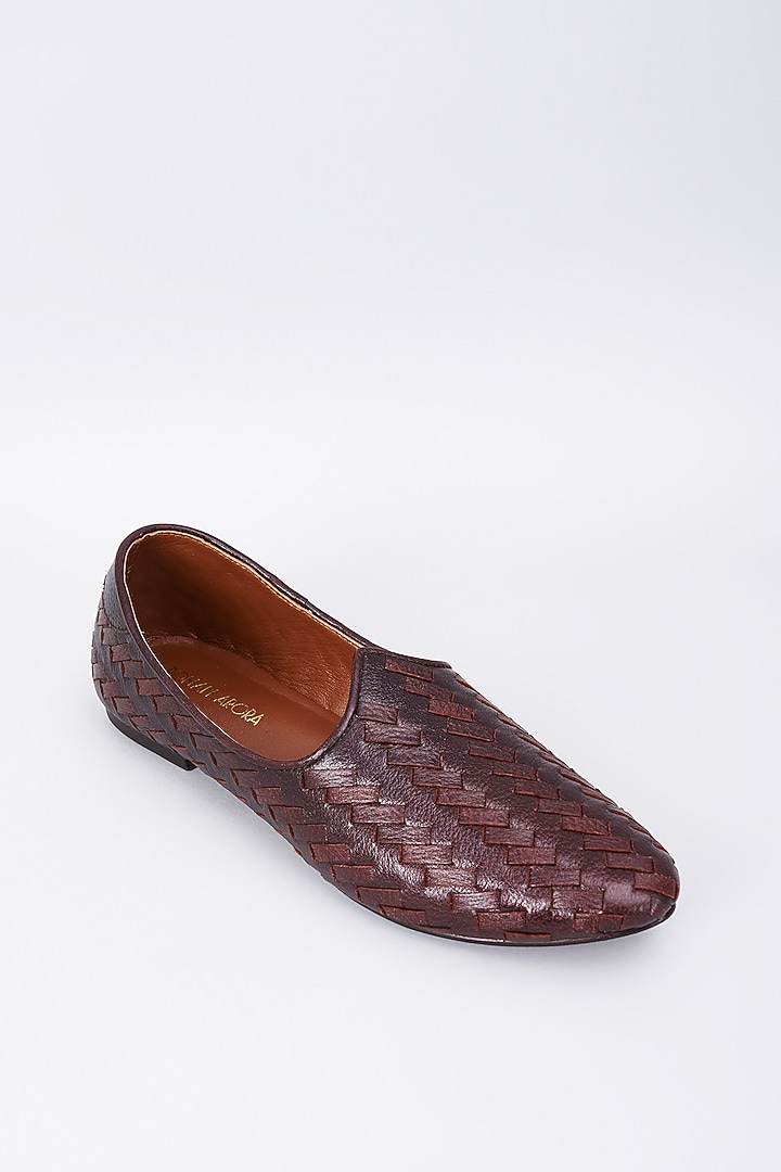 Dark Brown Leather Embellished Mojris by ROHAN ARORA at Pernia's Pop Up Shop