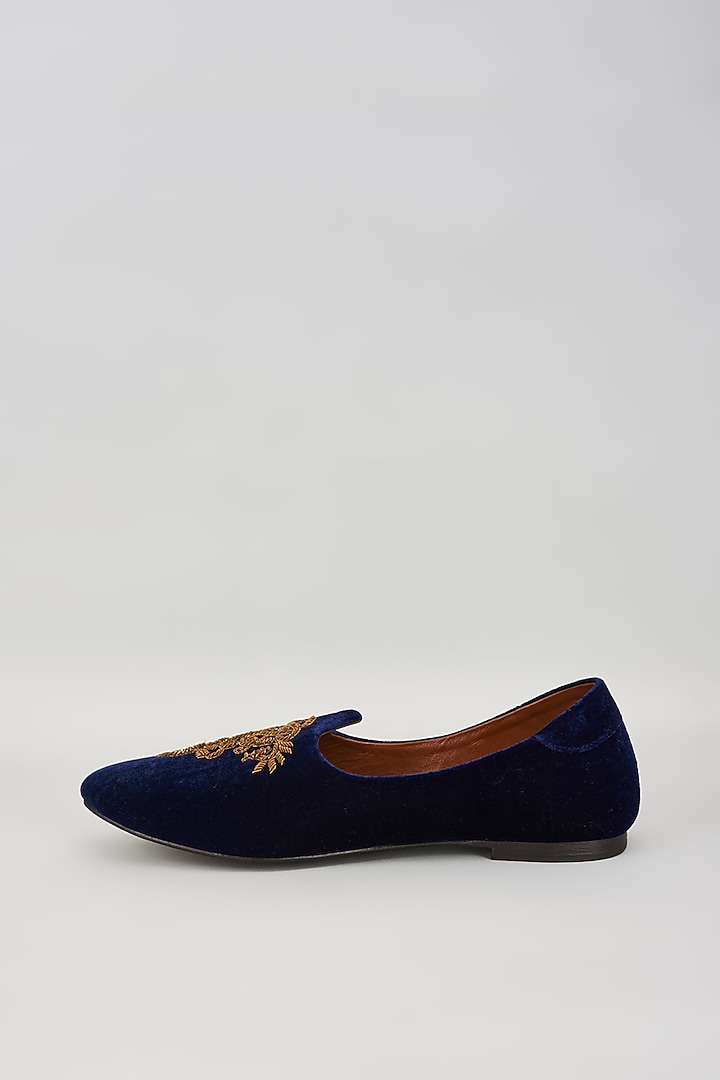 Blue Leather Zardosi Embroidered Mojris by ROHAN ARORA at Pernia's Pop Up Shop
