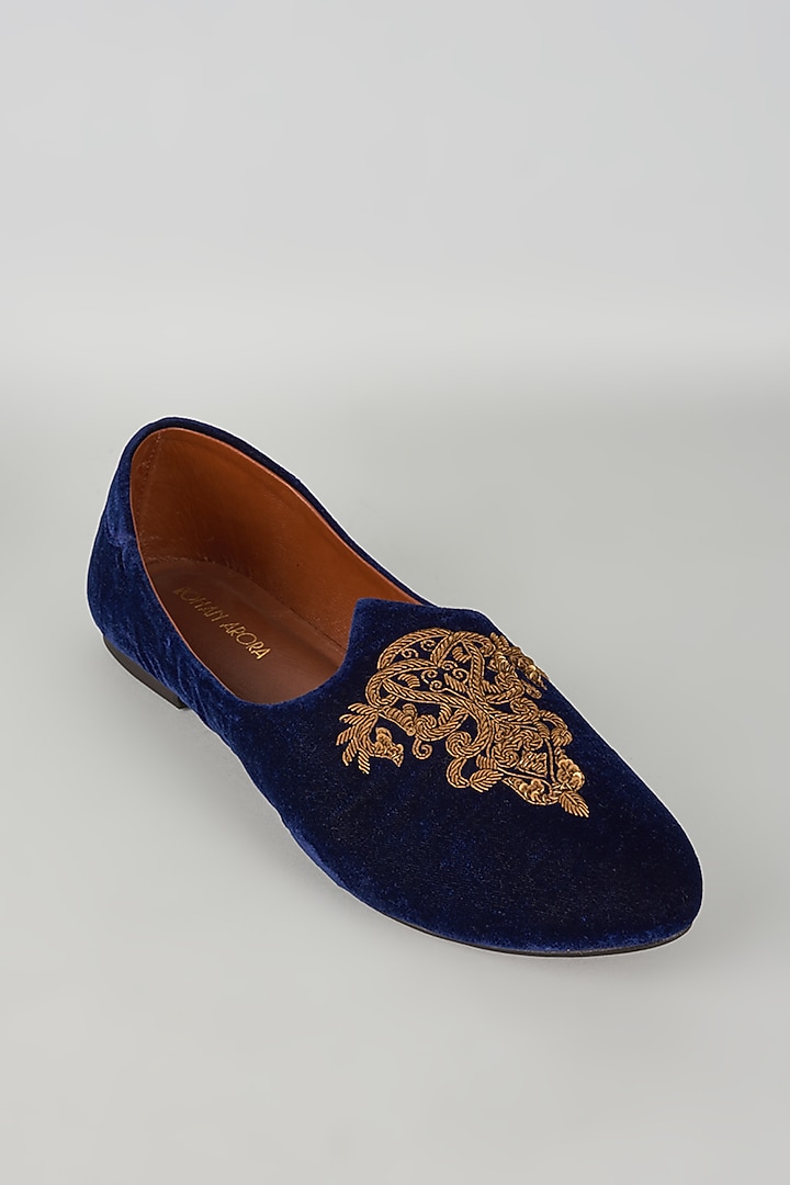 Blue Leather Zardosi Embroidered Mojris by ROHAN ARORA at Pernia's Pop Up Shop