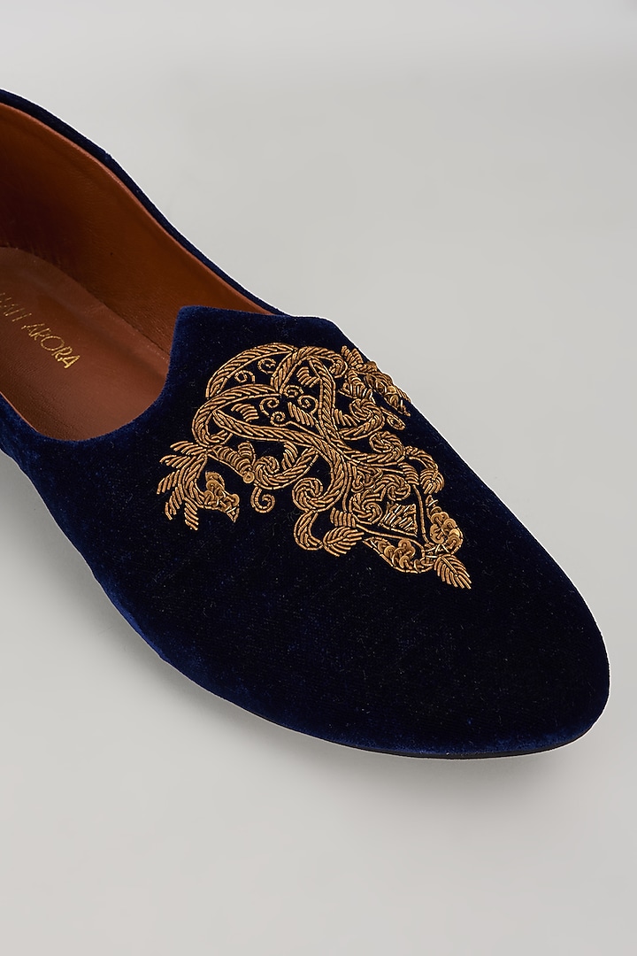 Blue Leather Zardosi Embroidered Mojris by ROHAN ARORA at Pernia's Pop Up Shop