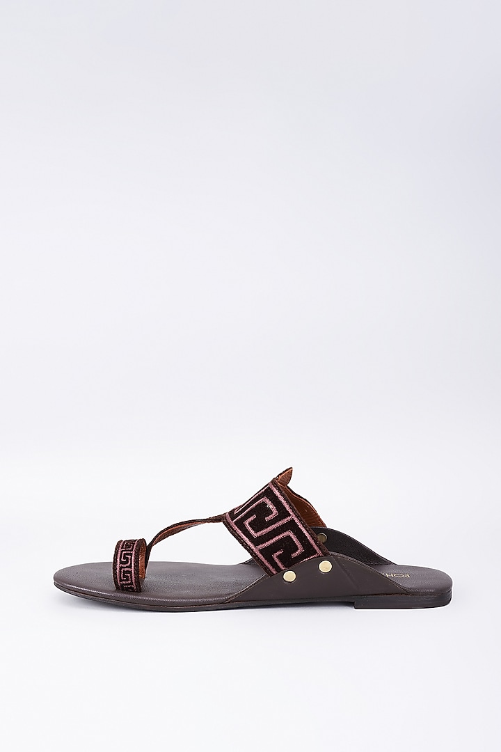 Dark Brown Velvet & Leather Embellished Kolhapuri Sandals by ROHAN ARORA at Pernia's Pop Up Shop