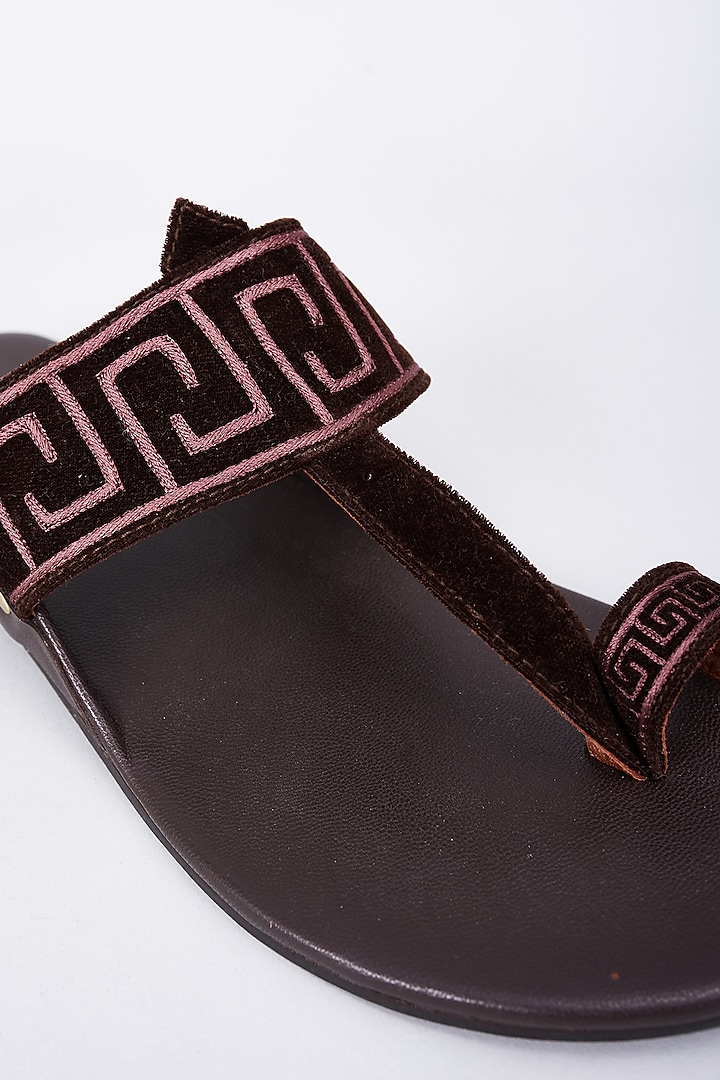 Dark Brown Velvet & Leather Embellished Kolhapuri Sandals by ROHAN ARORA at Pernia's Pop Up Shop