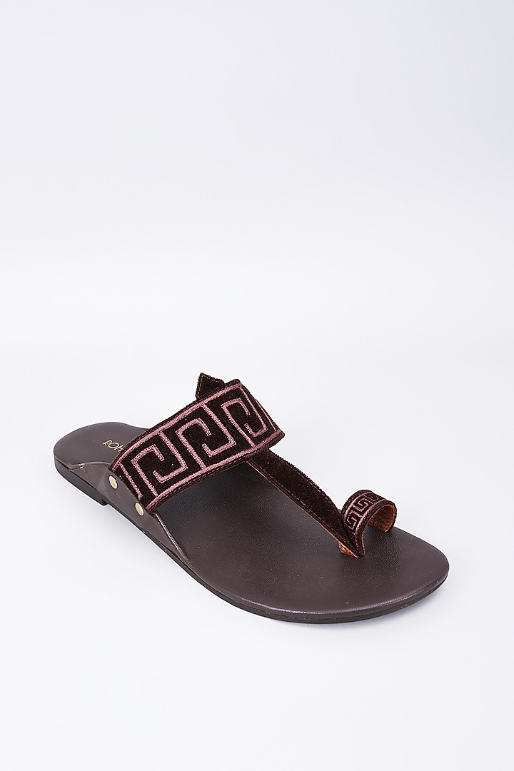 Dark Brown Velvet & Leather Embellished Kolhapuri Sandals by ROHAN ARORA at Pernia's Pop Up Shop