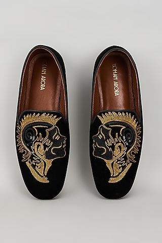 Black Velvet 3D Bird Embroidered Shoes by ROHAN ARORA