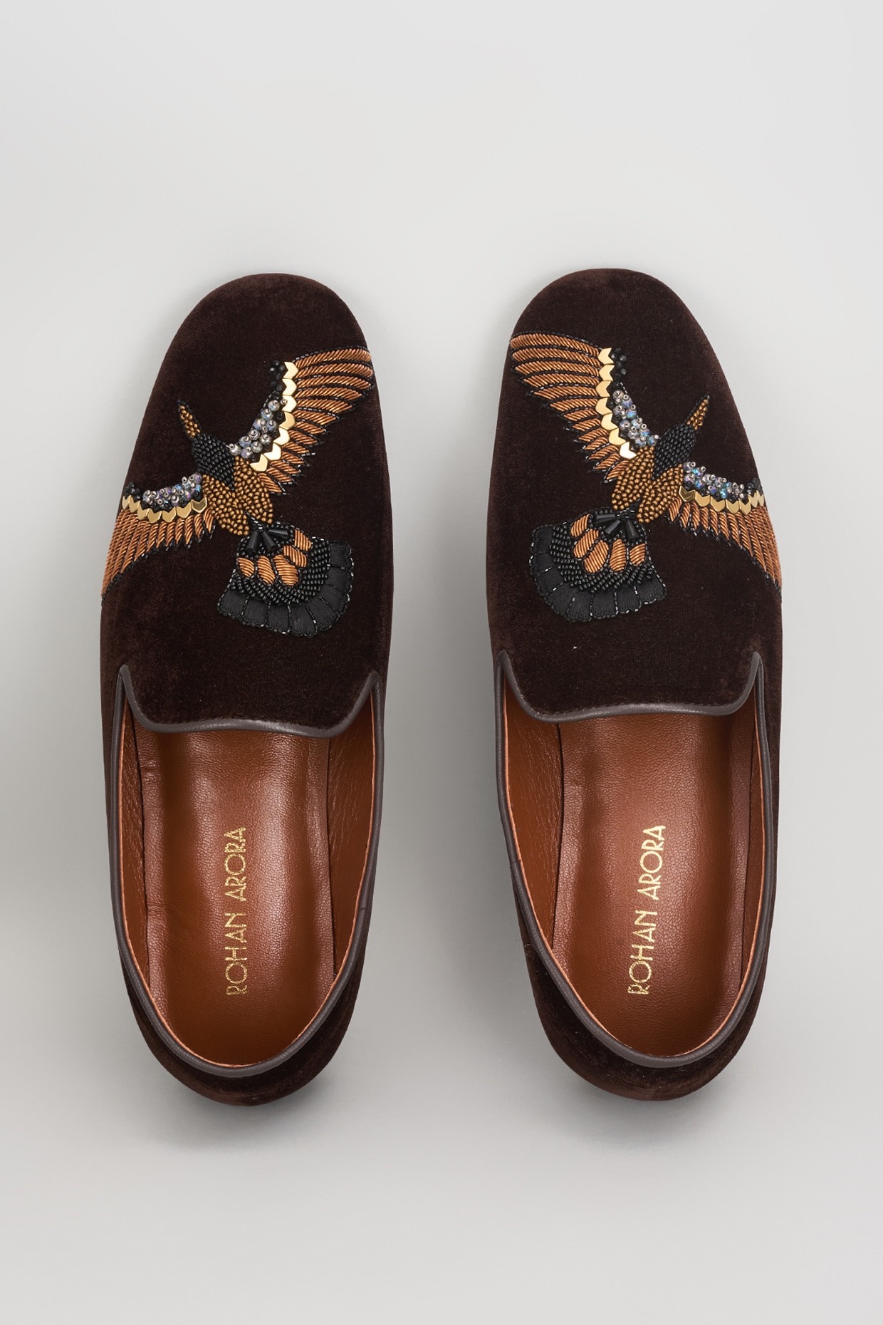 Buy ROHAN ARORA Deep Brown Velvet 3D Humming Bird Embroidered Shoes at Pernia sPopUpShopMen 2024