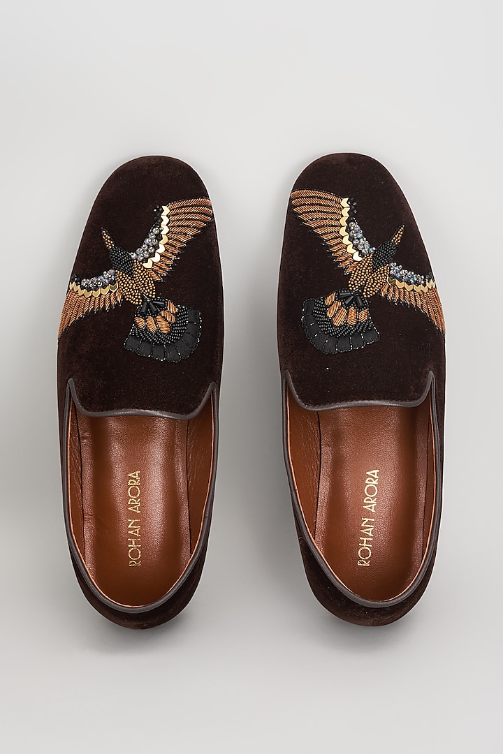 Deep Brown Velvet 3D Humming Bird Embroidered Shoes by ROHAN ARORA