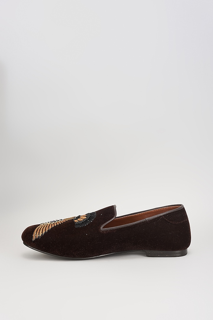 Deep Brown Velvet 3D Humming Bird Embroidered Shoes by ROHAN ARORA at Pernia's Pop Up Shop