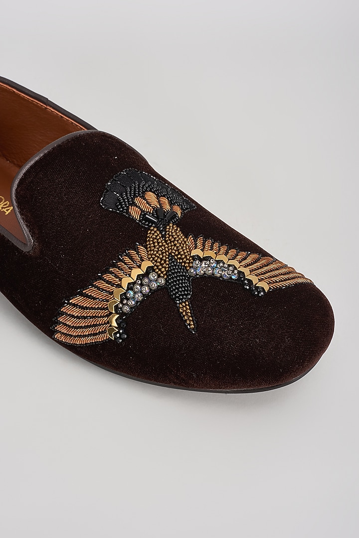 Deep Brown Velvet 3D Humming Bird Embroidered Shoes by ROHAN ARORA at Pernia's Pop Up Shop