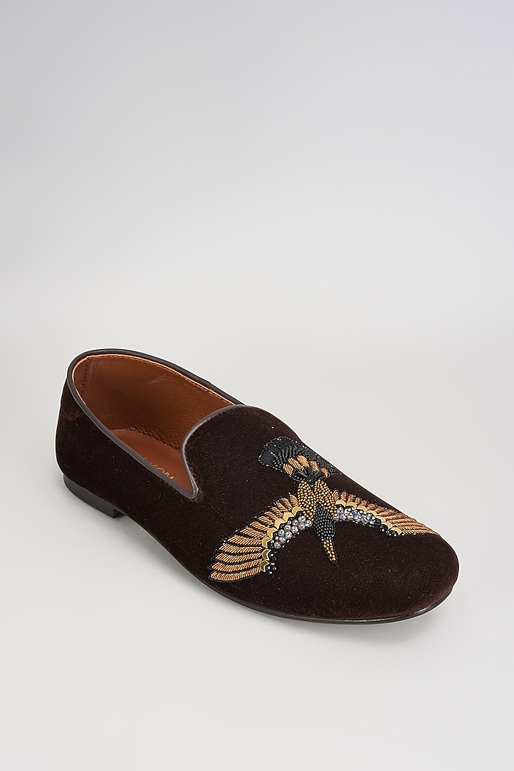 Deep Brown Velvet 3D Humming Bird Embroidered Shoes by ROHAN ARORA at Pernia's Pop Up Shop