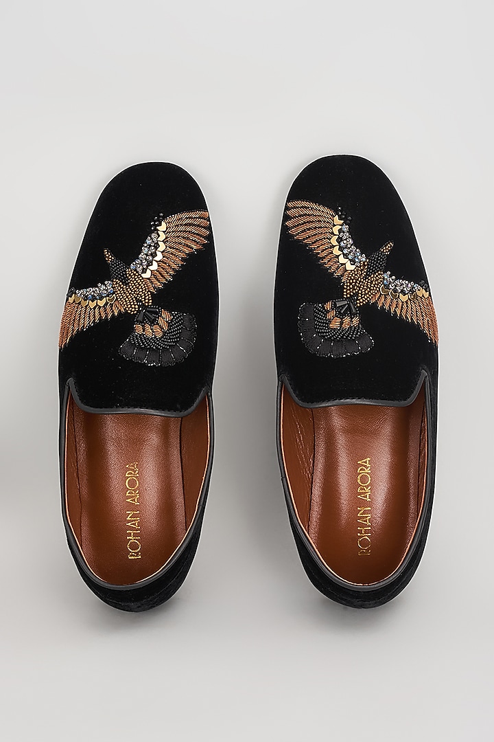 Black Velvet 3D Humming Bird Embroidered Shoes by ROHAN ARORA
