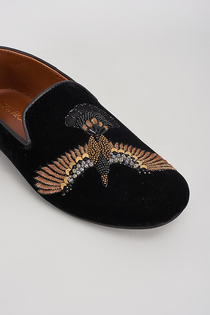 Black Velvet 3D Humming Bird Embroidered Shoes by ROHAN ARORA at Pernia's Pop Up Shop