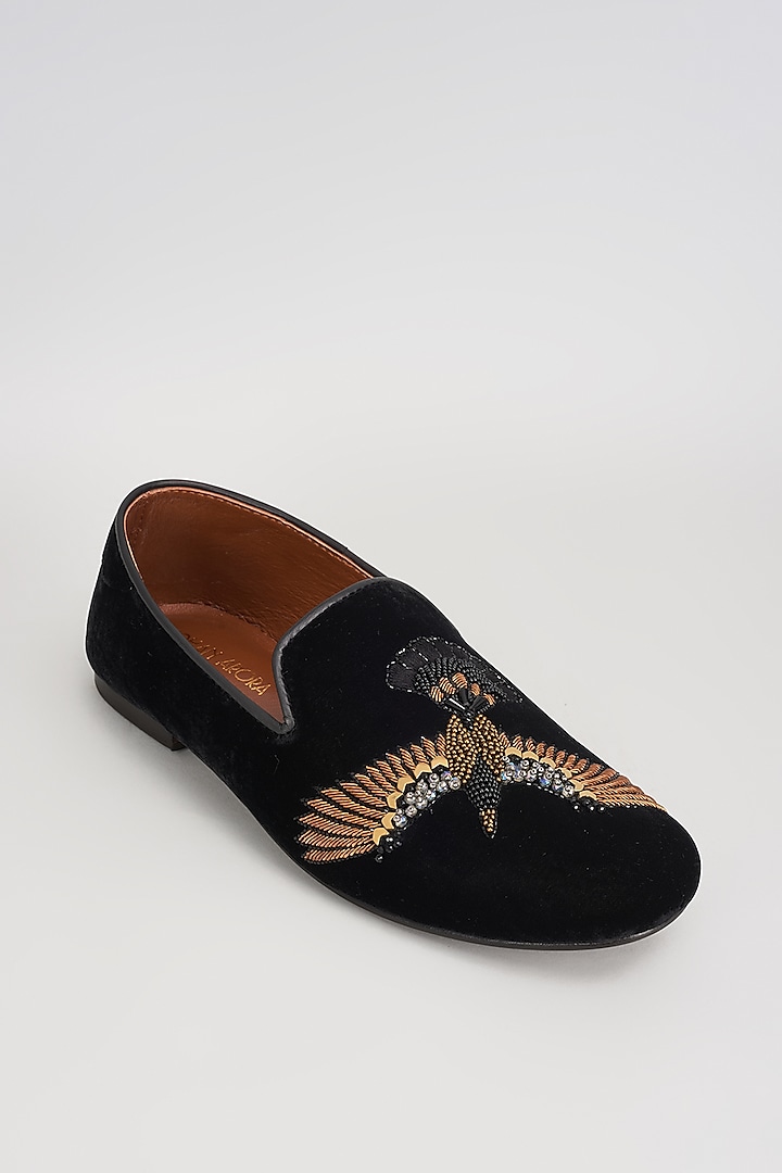 Black Velvet 3D Humming Bird Embroidered Shoes by ROHAN ARORA at Pernia's Pop Up Shop