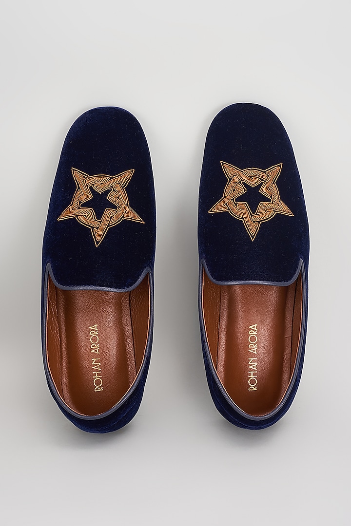Deep Blue Velvet Zardosi Embroidered Shoes by ROHAN ARORA
