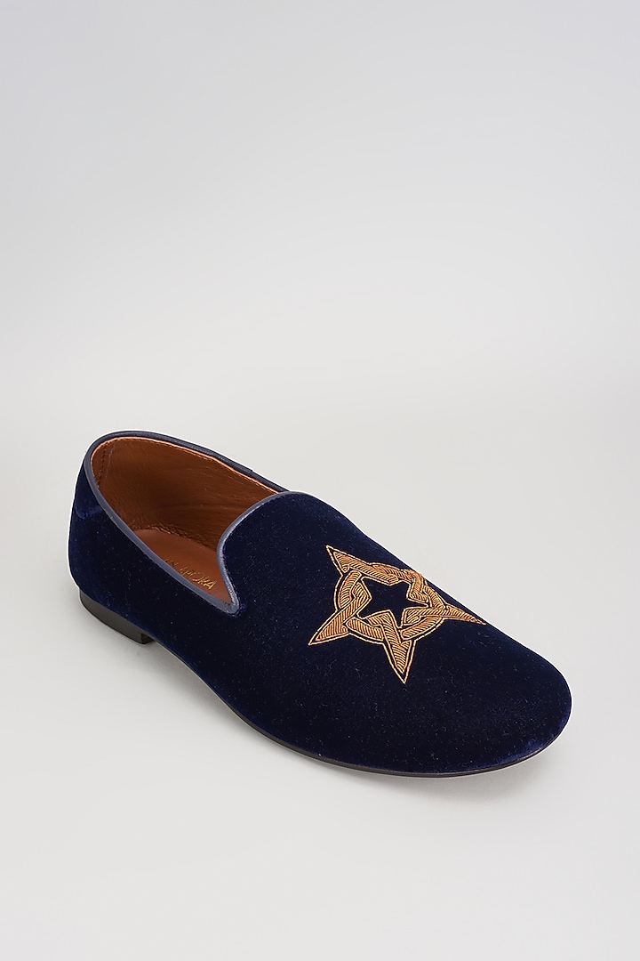 Deep Blue Velvet Zardosi Embroidered Shoes by ROHAN ARORA at Pernia's Pop Up Shop
