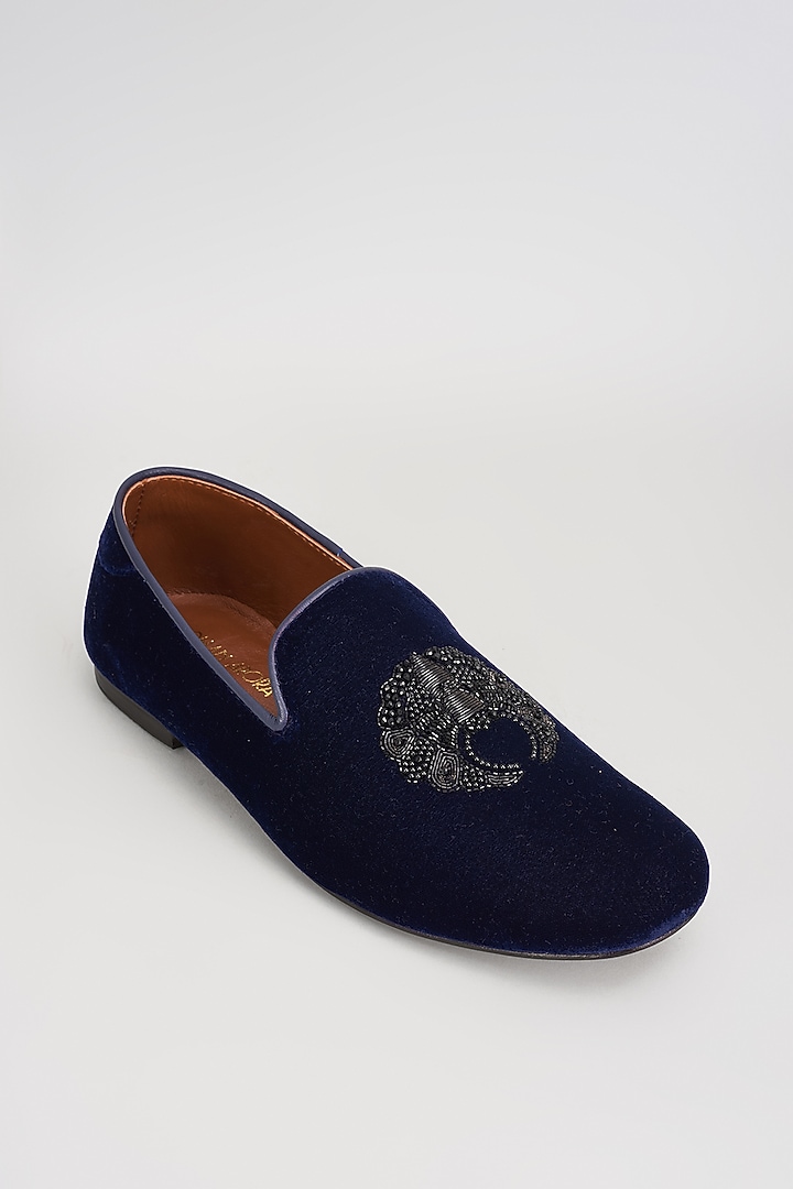 Deep Blue Velvet Embroidered Shoes by ROHAN ARORA at Pernia's Pop Up Shop