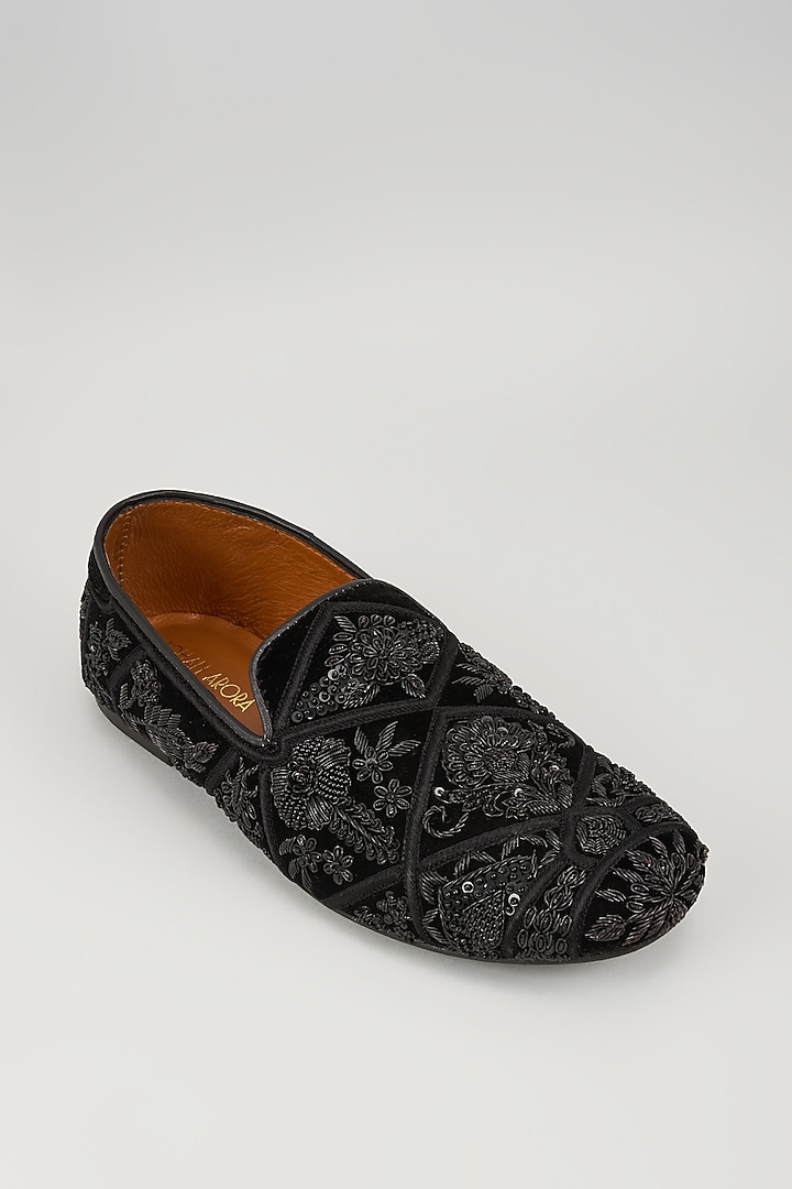 Black Velvet Embroidered Shoes by ROHAN ARORA at Pernia's Pop Up Shop