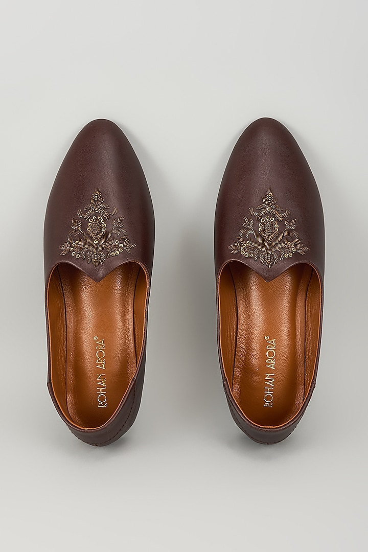 Bombay Brown Leather Zardosi Embroidered Mojris by ROHAN ARORA