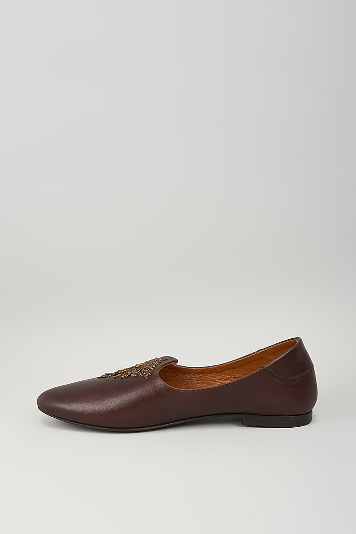 Chocolate Brown Leather Zardosi Embroidered Mojris by ROHAN ARORA at Pernia's Pop Up Shop