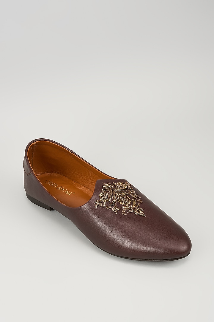 Chocolate Brown Leather Zardosi Embroidered Mojris by ROHAN ARORA at Pernia's Pop Up Shop