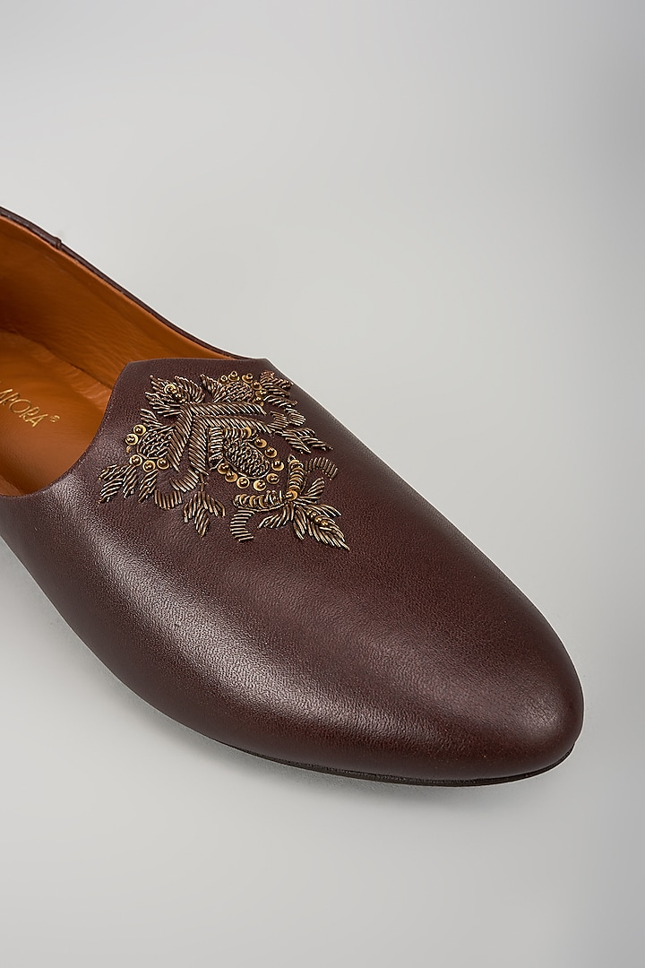 Chocolate Brown Leather Zardosi Embroidered Mojris by ROHAN ARORA at Pernia's Pop Up Shop