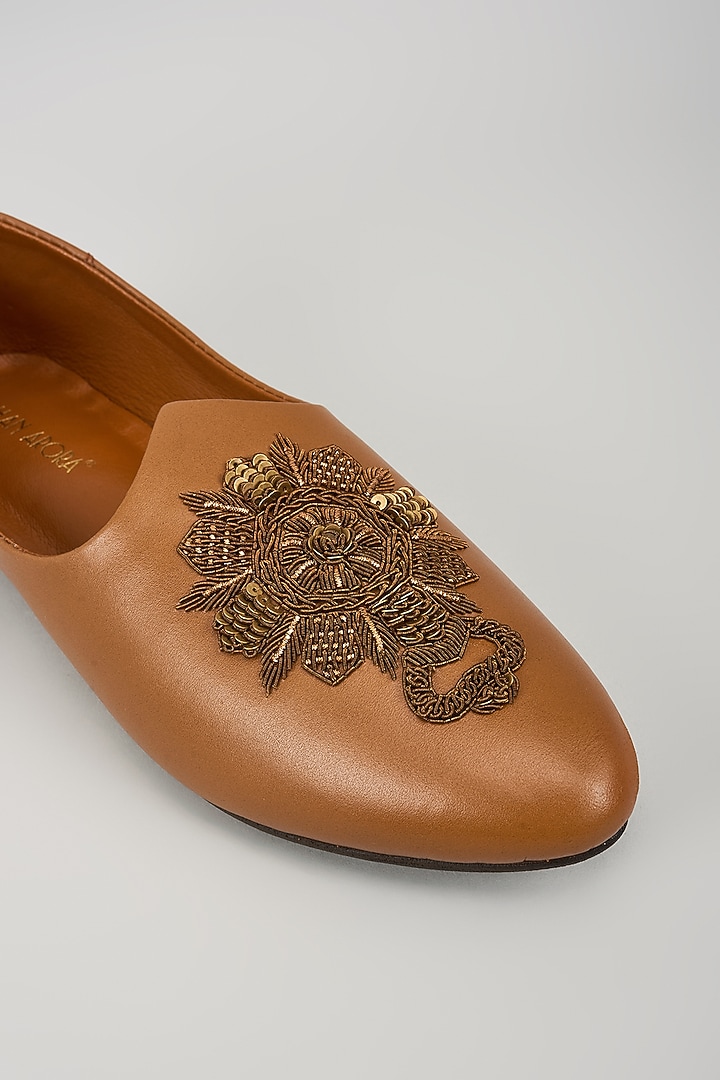 Tan Leather Zardosi Embroidered Mojris by ROHAN ARORA at Pernia's Pop Up Shop