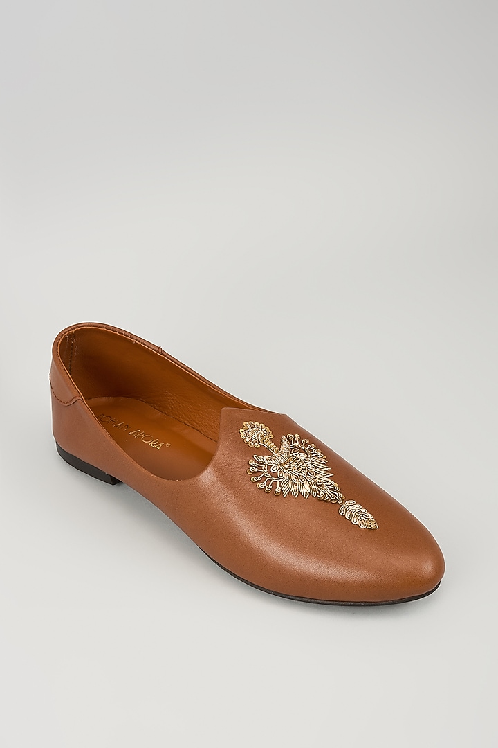 Tan Leather Zardosi Embroidered Mojris by ROHAN ARORA at Pernia's Pop Up Shop