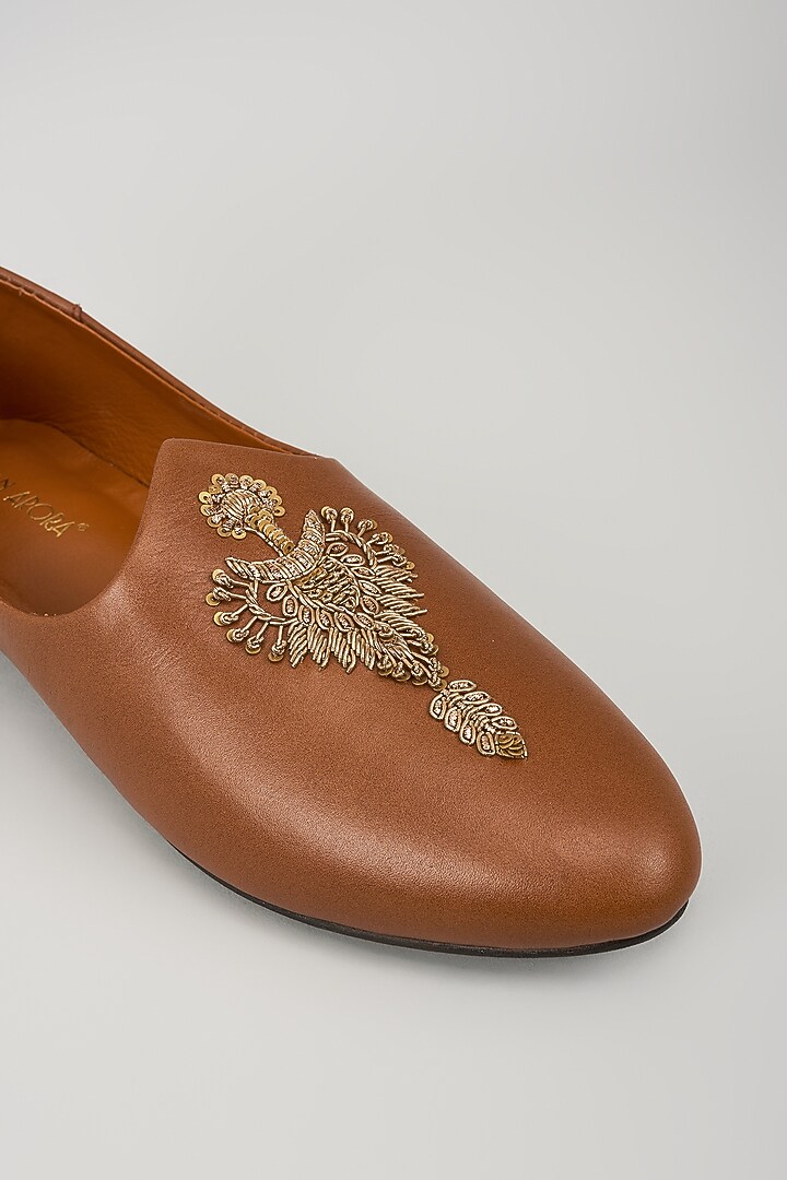 Tan Leather Zardosi Embroidered Mojris by ROHAN ARORA at Pernia's Pop Up Shop