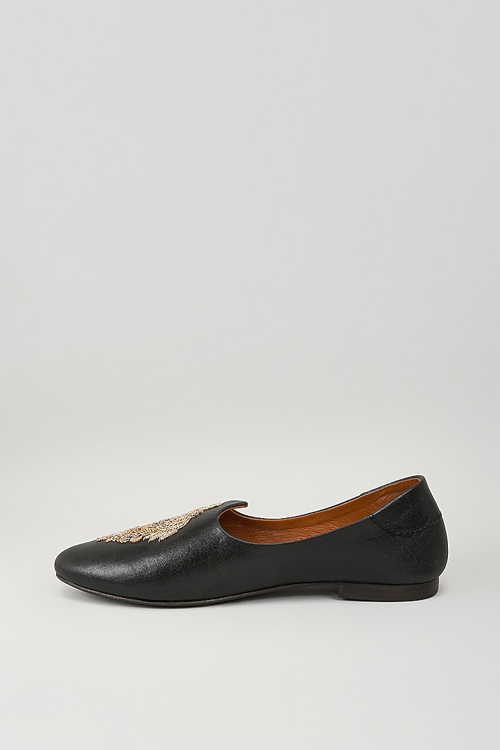 Black Leather Embellished Mojris by ROHAN ARORA at Pernia's Pop Up Shop