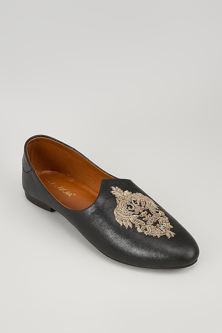 Black Leather Embellished Mojris by ROHAN ARORA at Pernia's Pop Up Shop