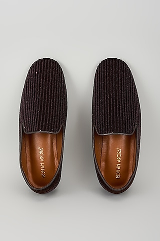 Deep Brown Velvet Sequins Embroidered Shoes by ROHAN ARORA
