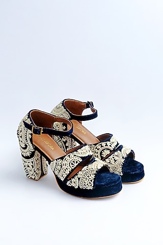 Black Velvet Pearl & Zardosi Embroidered Strappy Block Heels by ROHAN ARORA WOMENS