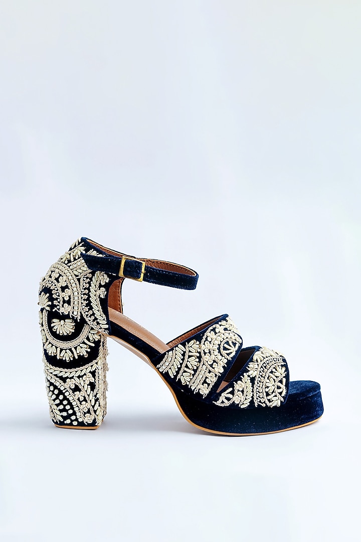 Black Velvet Pearl & Zardosi Embroidered Strappy Block Heels by ROHAN ARORA WOMENS at Pernia's Pop Up Shop