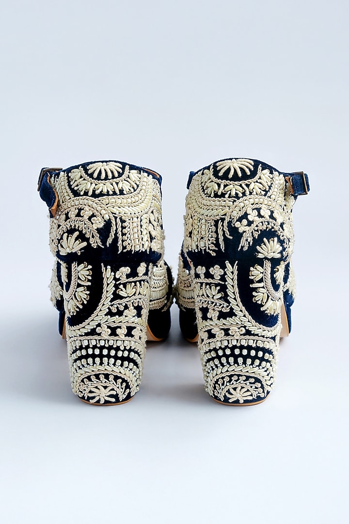 Black Velvet Pearl & Zardosi Embroidered Strappy Block Heels by ROHAN ARORA WOMENS at Pernia's Pop Up Shop