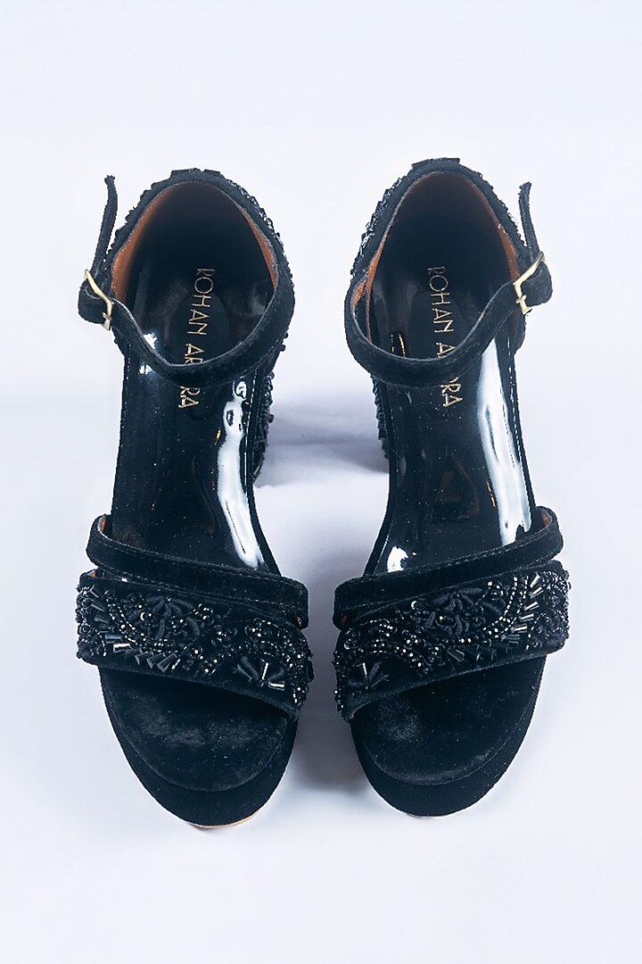 Black Velvet Imperial Pearl Embroidered Strappy Block Heels by ROHAN ARORA WOMENS at Pernia's Pop Up Shop