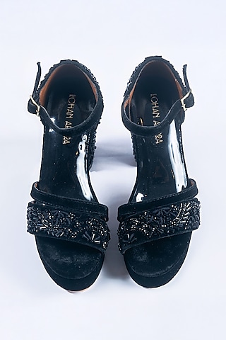 Black Velvet Imperial Pearl Embroidered Strappy Block Heels by ROHAN ARORA WOMENS