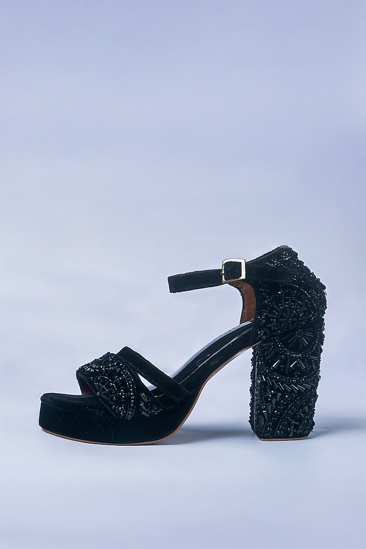 Black Velvet Imperial Pearl Embroidered Strappy Block Heels by ROHAN ARORA WOMENS at Pernia's Pop Up Shop