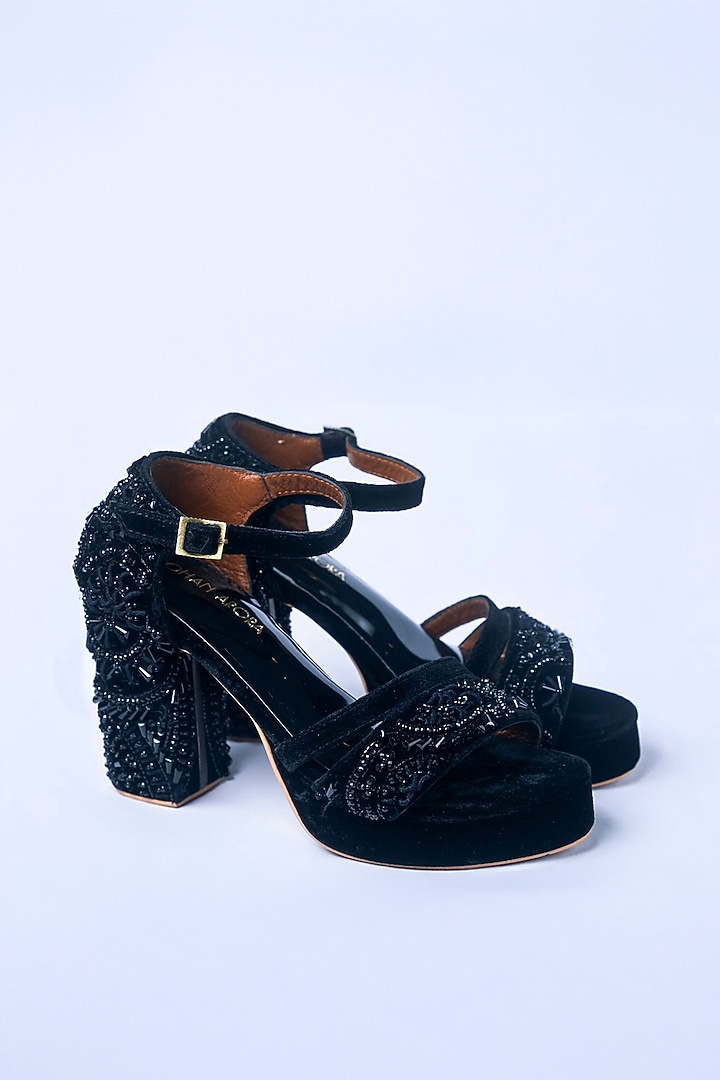 Black Velvet Imperial Pearl Embroidered Strappy Block Heels by ROHAN ARORA WOMENS at Pernia's Pop Up Shop