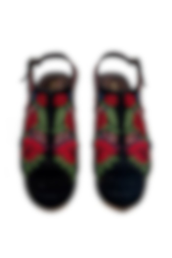 Black Velvet Resham Embroidered Peep Toe Block Heels by ROHAN ARORA WOMENS at Pernia's Pop Up Shop