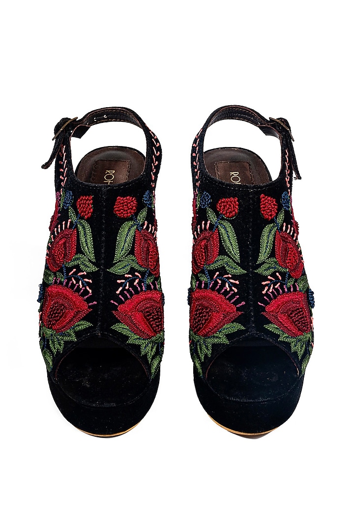 Black Velvet Resham Embroidered Peep Toe Block Heels by ROHAN ARORA WOMENS at Pernia's Pop Up Shop