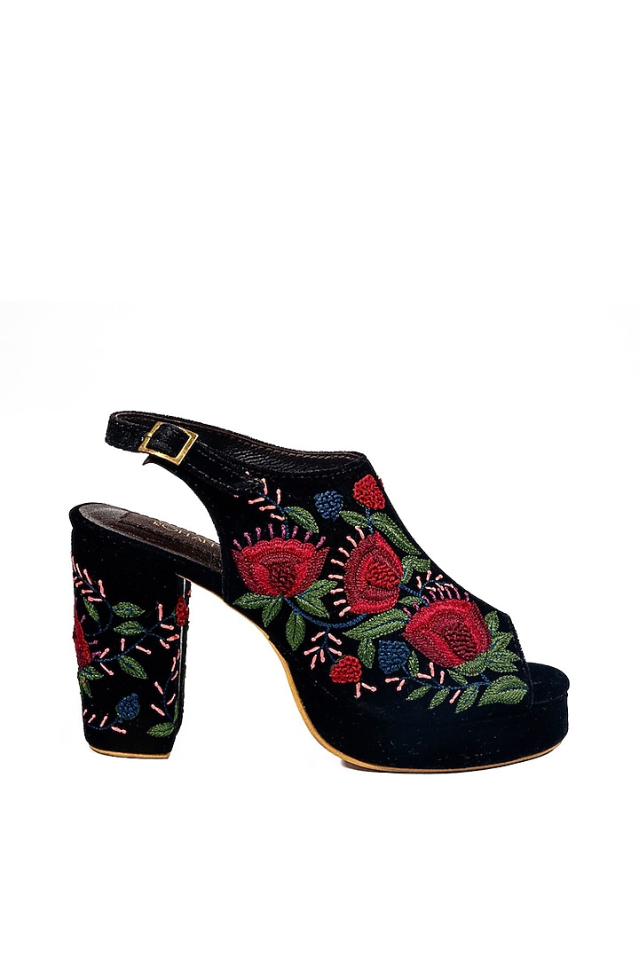 Black Velvet Resham Embroidered Peep Toe Block Heels by ROHAN ARORA WOMENS at Pernia's Pop Up Shop