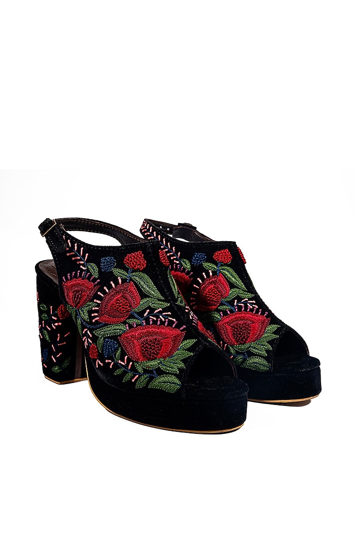 Black Velvet Resham Embroidered Peep Toe Block Heels by ROHAN ARORA WOMENS at Pernia's Pop Up Shop