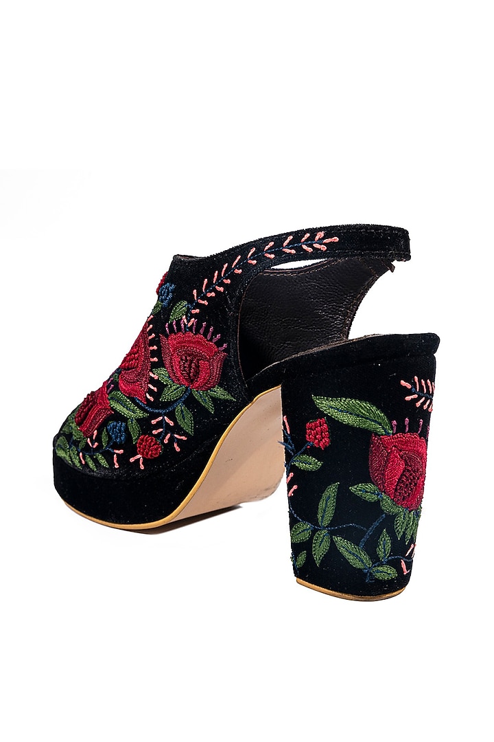 Black Velvet Resham Embroidered Peep Toe Block Heels by ROHAN ARORA WOMENS at Pernia's Pop Up Shop